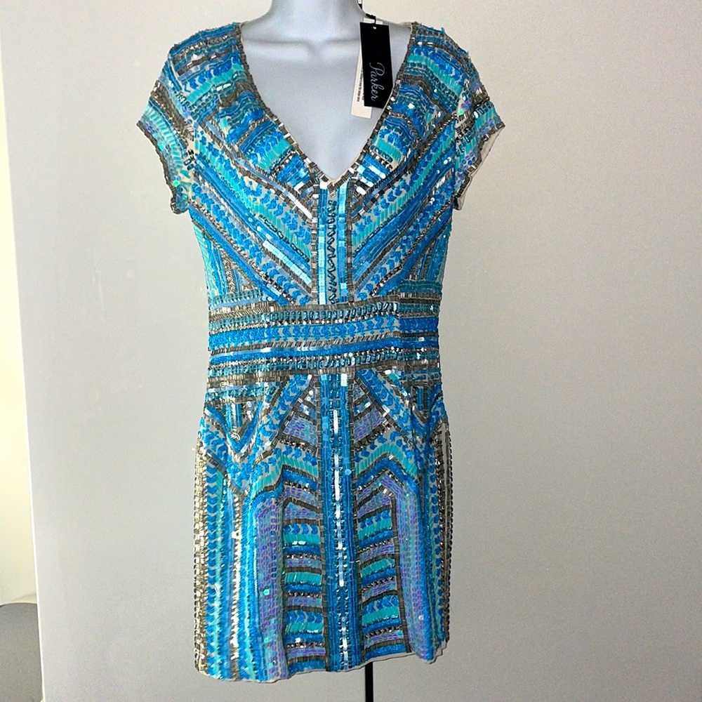 NWT Parker heavily beaded embellished sequin  vneck turquoise blue mini dress 4